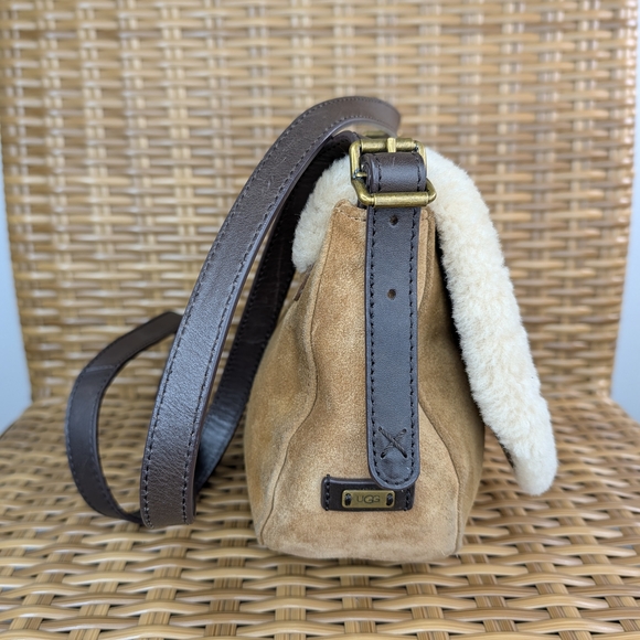 Ugg Heritage Brown Cream Leather Cow Suede Shearling Crossbody Bag - Picture 5 of 16